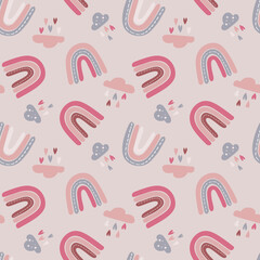 Seamless childish pattern with trendy rainbows and clouds with hearts. Creative scandinavian kids texture for fabric, wrapping, textile, wallpaper, childish apparel. Vector illustration