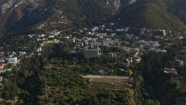 Aerial view of Bellapais monastery and Bellapais village.North Cyprus. Kyrenia. 4K. Girne.2.