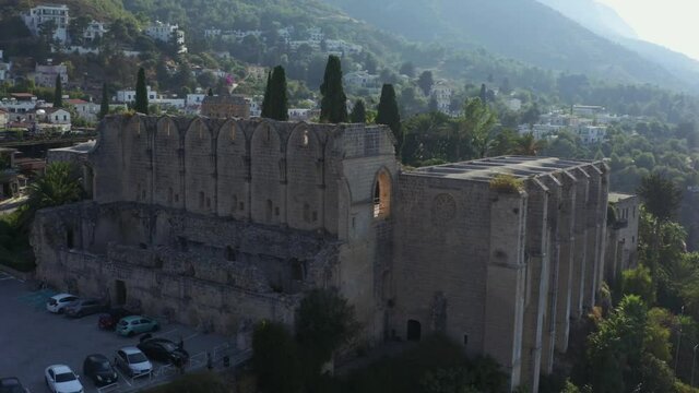 Aerial view of Bellapais monastery and Bellapais village.North Cyprus. Kyrenia. 4K. Girne.