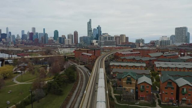 Bird's Eye View Tracking Shot of CTA Subway Train on Chicago's South Side.