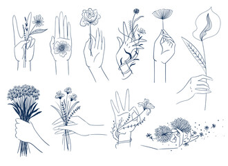Set of elegant female hands with flowers
