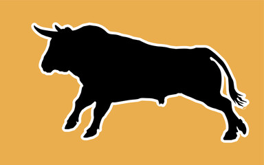 black silhouette of a running bull on an orange background for stickers and decoration	
