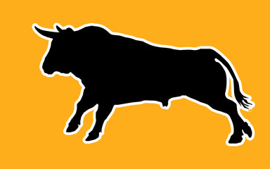 black silhouette of a running bull on an orange background for stickers and decoration	
