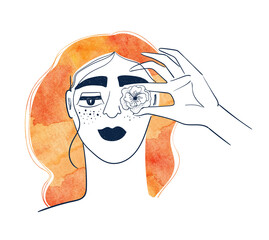 Woman with watercolor ginger hair holding flower.