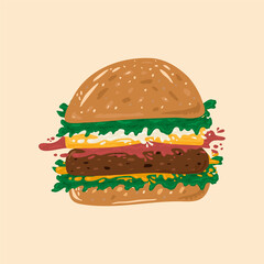 Illustration Of A Hamburger. Cute fast food American food. Vector bun with cutlet sauce, ketchup, cheese, herbs and mustard drawn by hand. Picture hot sausage, sandwich, beef, hamburger, meat cutlet