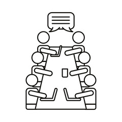 group of workers speaking in table coworking line style icon