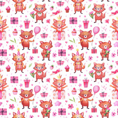 Watercolor pattern with cute foxes for the holidays, valentine's day, birthday and others.