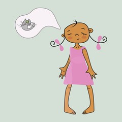 Little girl dreams of a kitten. Children's character. Vector 