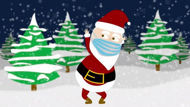 Seamless looping dancing masked cartoon Santa with bell and bag in snowy forest