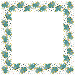 Square isolated frame of cute little Stegosaurus dinosaurs standing and smiling, monstera leaves and colorful circles on a white background. Copy space. Vector.