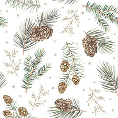 Fototapeta premium Christmas seamless pattern, cones, green pine, fir twigs, white background with stars. Vector illustration. Nature design. Season greeting. Winter forest. Xmas holidays