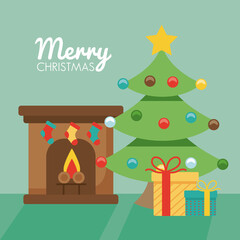 happy merry christmas pine tree with gifts in chimney flat style icon