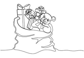 Gifts in Santa Claus bag for Christmas, New Year, Birthday and any Holiday. Continuous line drawn, modern minimalist style. Vector illustration. Black on white, Christmas Hand drawing illustration.