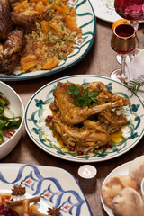 Christmas food table setting. Xmas and New Year dinner table