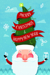 Character of Santa Claus wearing Christmas tree hat. Merry Christmas and Happy New Year template. Vector Illustration