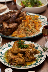Christmas food table setting. Xmas and New Year dinner table