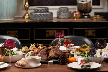 Christmas food table setting. Xmas and New Year dinner table