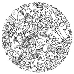 Medicine hand drawn raster doodles illustration. Medical poster design.