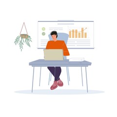 Cartoon flat character at work doing some business - self-employed or office worker, web online, site design concept