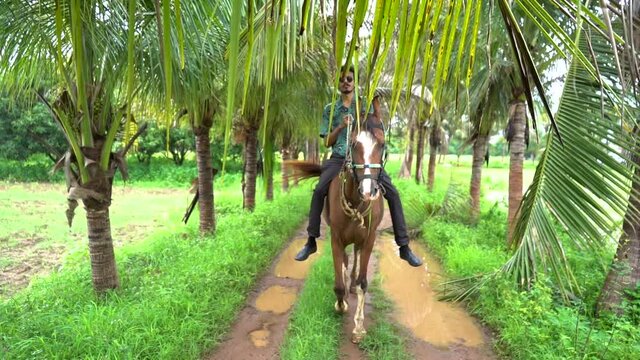 Young handsome man with brown horse. man riding horse