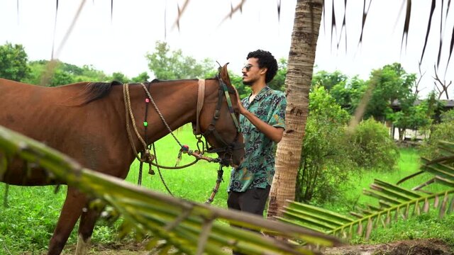 Young handsome man with brown horse.