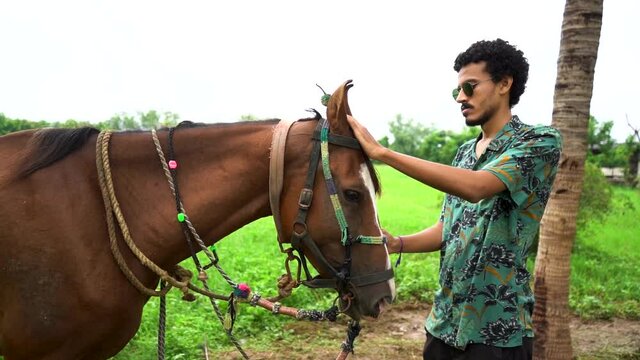 Young handsome man with brown horse.