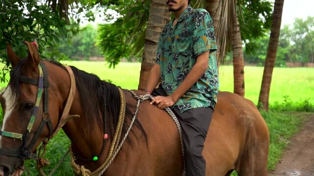 Young handsome man with brown horse. man riding horse