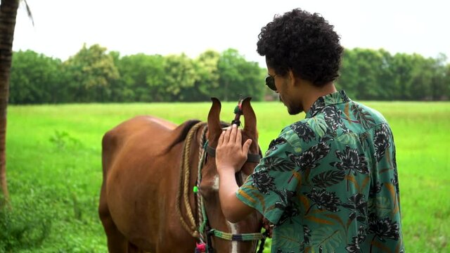 Young handsome man with brown horse.