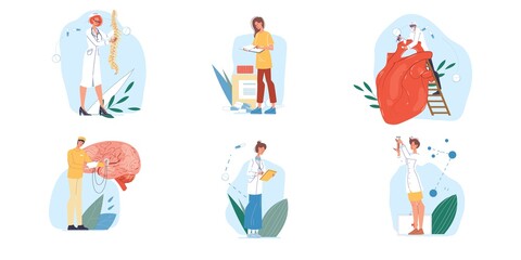 Fototapeta premium Set of cartoon flat doctor characters and nurses in uniform,laboratory coats with medical devices and internal organs-medic team,various poses and persons