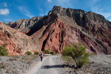 Fototapeta na wymiar Woman walking in the desert, on a dirt road, behind the mountain, Salta, Argentina.