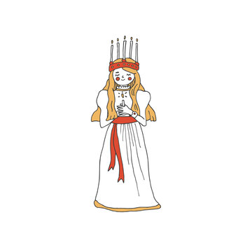Saint Lucy Day celebration concept. Swedish Christmas tradition. Young girl in a crown holding a candle vector illustration in hand drawn style. Perfect for cards, posters and invitations