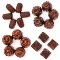 Different shape chocolate candy with sweet cream inside on the white background