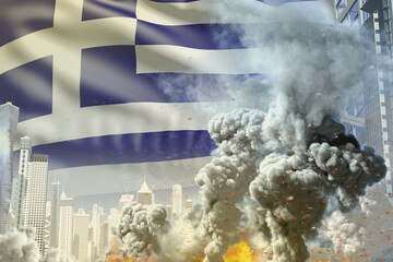huge smoke pillar with fire in the modern city - concept of industrial explosion or act of terror on Greece flag background, industrial 3D illustration