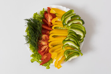 Sweet bell peppers and tomatoes with dill. Culinary background