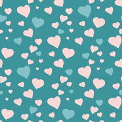 Fototapeta na wymiar Pink and blue hearts on a turquoise background. Seamless pattern. Romantic background. Wedding valentines day. Vector illustration
