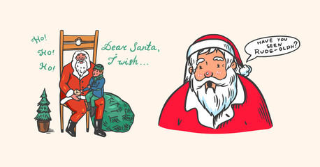 Santa Claus. Bearded grandfather with a child. The boy makes a wish. Christmas symbol. Poster or banner for the holiday. Vector illustration for label, postcard. Hand drawn vintage doodle sketch.