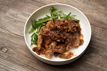 Baked turkey and mushrooms. Poultry meat and vegetables