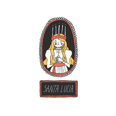 St Lucia Day celebration concept. Swedish Christmas tradition. Young girl in a crown holding a candle vector illustration with hand drawn lettering in decorative frame