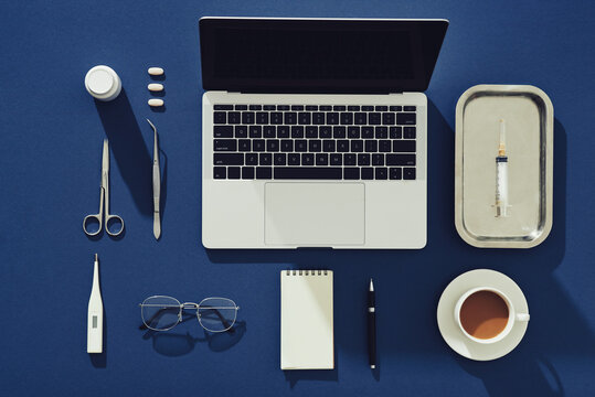 Medical healthcare background. Flat lay objects with copy space.