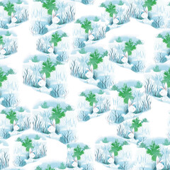 seamless pattern snowy winter with cute white bunnies for printing on textiles, on packaging, for design