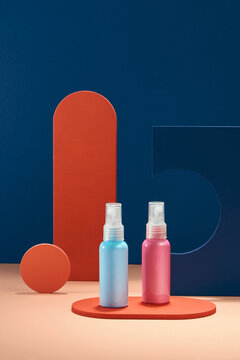 Creative minimal beauty with colorful bottle on trendy background.
