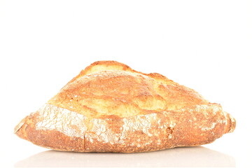 Fragrant French hearth bread, close-up, isolated on white.