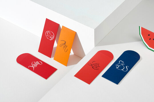 Decoration for Vietnam Tet holiday, also lunar new year. Lucky envelops for Rich wishes.