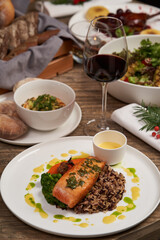 Christmas food table setting. Xmas and New Year dinner