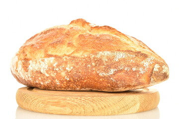 Fragrant French hearth bread, close-up, isolated on white.