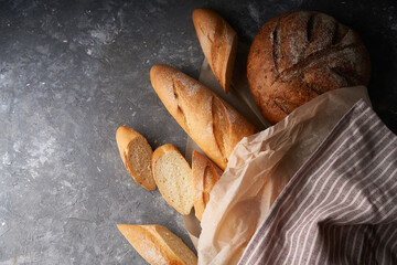 Fresh homemade bread, French baguettes, gluten-free gray bread