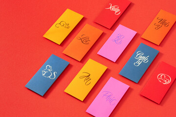 Decoration for Vietnam Tet holiday, also lunar new year. Lucky envelopes for Best wishes.