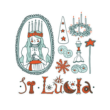 Santa Lucia Day celebration elements set. Young girl wearing a candle crown. Saffron buns, christmas wreath, snowflake and hand drawn ornate lettering. Perfect for cards, posters and invitations