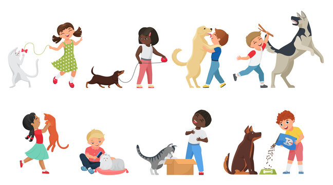 Happy kids play and walk with animals vector illustration set. Cartoon funny child and cute cat or dog playing together, pet owner girl and boy feeding and taking care own animal isolated on white