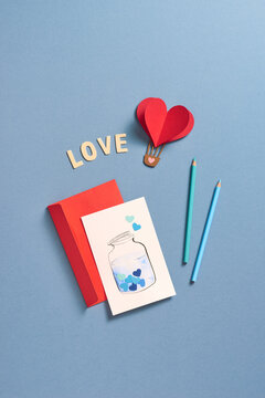 Gift ideas day love, February 14, Valentines Day. Handmade. Card volumetric heart paper form balloon, box.
